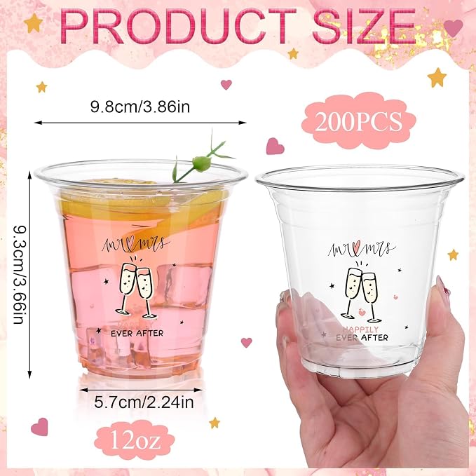 200 Pack Plastic Wedding Cups Bulk 12oz Disposable Clear Party Mr and Mrs Cup for Bridal Shower Anniversary Reception Birthday Parties Supplies
