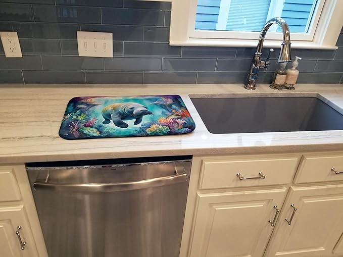 Caroline's Treasures Manatee in a Dreamscape Dish Drying Mat Absorbent Dish Drying Mat Pad for Kitchen Counter Dish Drainer Mat for Countertop, 14 x 21", Multicolor