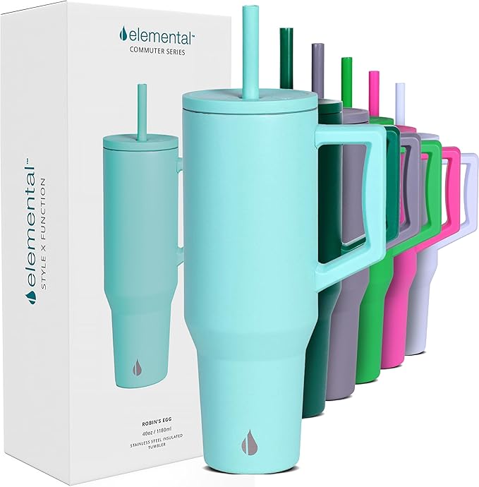 Elemental 40oz Tumbler with Handle and Straw - Spill Proof Insulated Stainless Steel Commuter for Cold Beverages - Travel Coffee Mug with 2 Straws & Spill Proof Lid - 40 oz - Robin's Egg