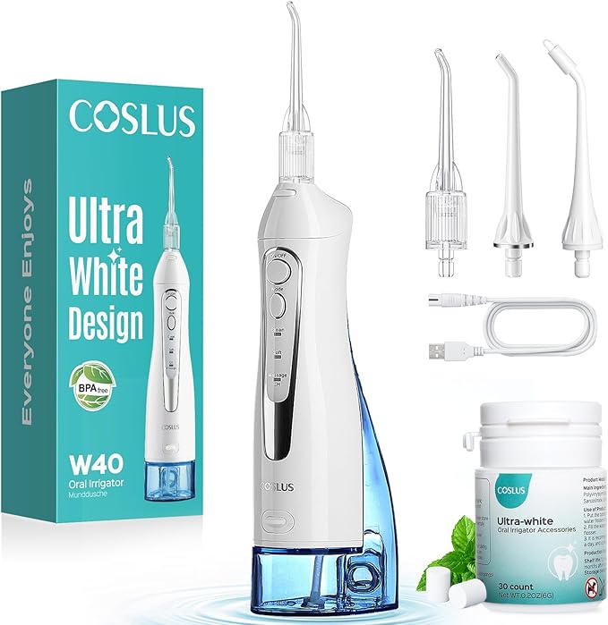 COSLUS Water Flosser Pick with Whitening Mint Flavor Refill Combo for Teeth, Braces, Gums Care - Easy to Use, Portable for Travel & Coffee Lovers, Rechargeable, BPA-Free, White