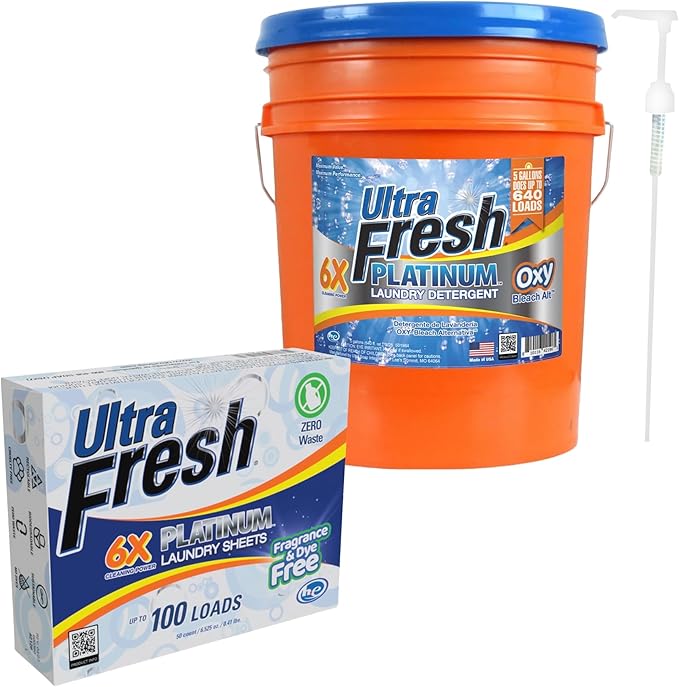 Ultra Fresh 6X Platinum Laundry Detergent, Up to 640 Loads, Bleach Alt, 5 Gallon Bundled with Laundry Detergent Sheets, Fragrance and Dye Free