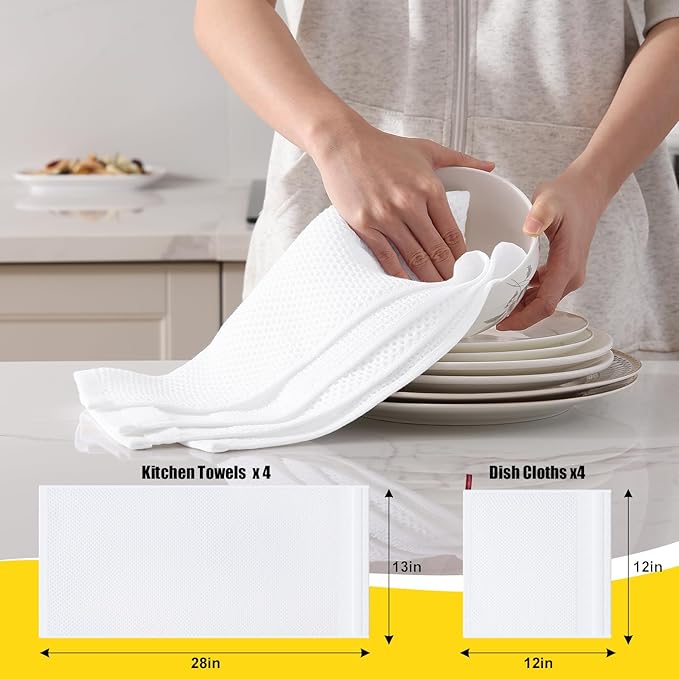 Homaxy Kitchen Towels and Dishcloths Set, 12 x 12 and 13 x 28 Inches, Set of 10 100% Cotton Waffle Weave Kitchen Towels, Super Soft and Absorbent Dish Cloths, White
