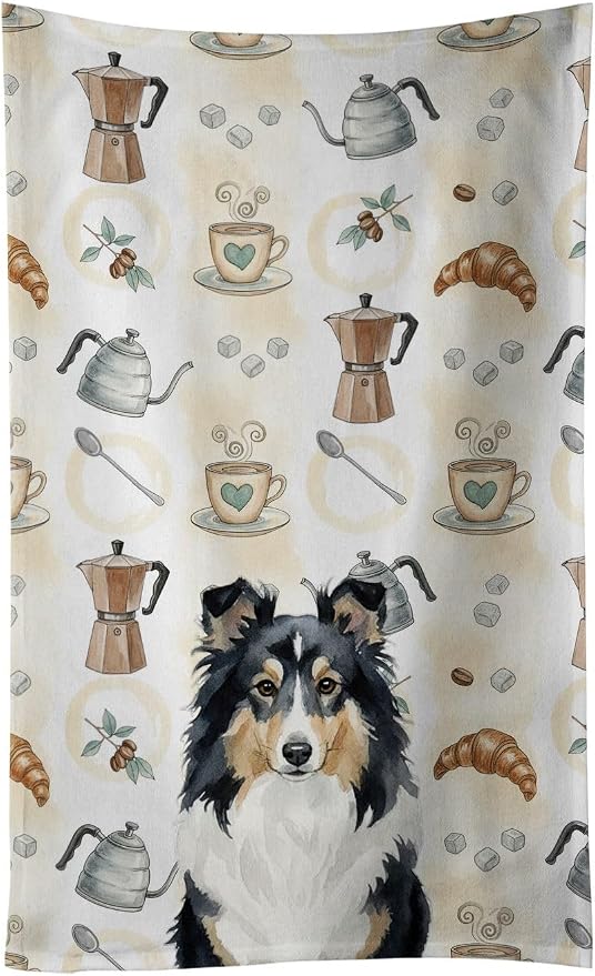 Caroline's Treasures Tricolor Sheltie Coffee Bar Kitchen Towel Velour Plush Front and Cotton Loop Back Machine Washable