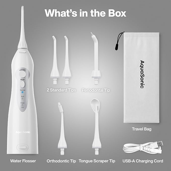 AquaSonic Aqua Flosser PRO - Rechargeable Electric Cordless Water Flosser for Teeth, Gums & Tongue - Waterproof Modern Design, 300ml Large Tank, 3 Modes, 6 Jet Tips, Deluxe Tongue Nozzle - Optic White