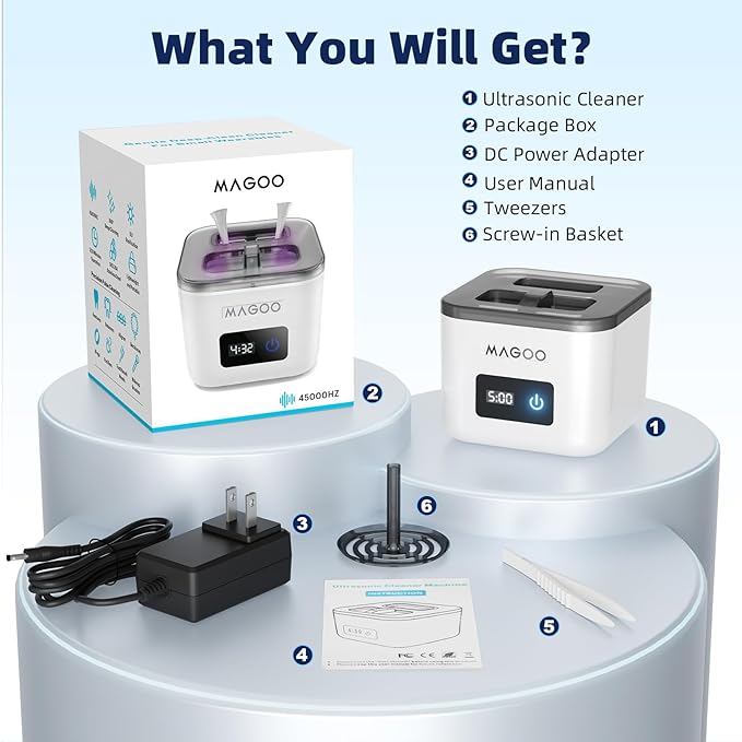 Ultrasonic Retainer Cleaner Machine, Denture Cleaner for Aligners Night Guards Braces Mouth Guards Toothbrush Heads，All-in-One Dental & Jewelry Cleaner, 45kHz 200ML, Dual Modes