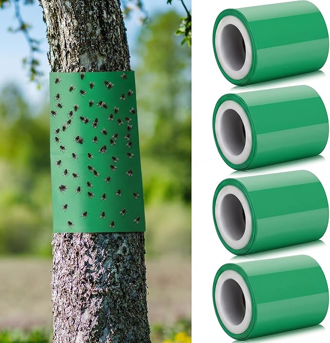4 Rolls 260ft Lantern Fly Tree Tape Outdoor Adhesive Crawling Insect Trap Sticky Traps Sticky Barrier Protecting Trees Outdoor Indoor Fruit Tree Lawn Garden Control Aphids Ant Moth (Green)