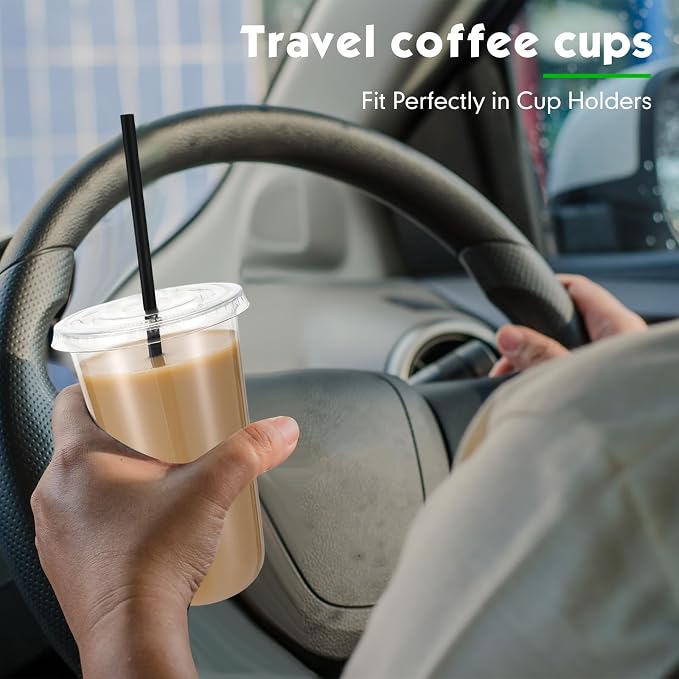 Ziliny 50 Set Clear Plastic Cups with Lids and Straws, Disposable Iced Coffee PET Cups for Drinking Cold Beverage Juice Parfait Smoothie Milkshake Coffee Shops Party Supplies (18 oz)