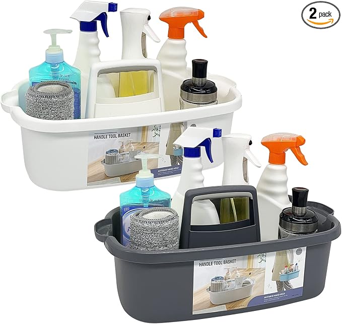 Goderewild 2 Pack Multi-Purpose Plastic Cleaning Caddy with Handle, Shower Caddy Organizer/Storage Basket/Totes Portable for Bathroom Supplies, Cleaning Products, Under Sink Tool. (grey+white)