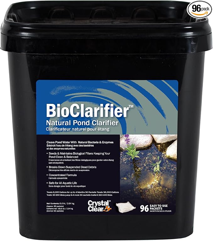 CrystalClear BioClarifier Small Pond & Water Garden Clarifier, 96 Packets | Cleaner for cloudy water with beneficial microbe treatment to improve water clarity; fish, plant & pet safe