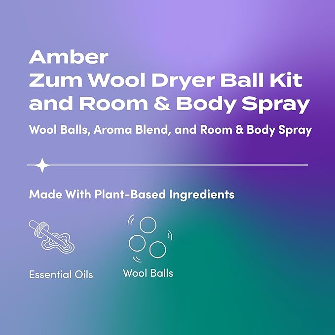 Zum Wool Dryer Balls Kit Plus Zum Mist - 3 Wool Balls with Essential Oil Blend & Room & Body Mist - Amber
