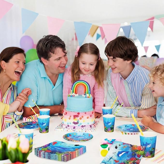 Pickmesh 250 Pcs Under the Sea Party Supplies Decorations Serve 50 Ocean Birthday Party Plates and Napkins Set Sea Animal Theme Disposable Paper Tableware Set Underwater Creatures Birthday Decorations