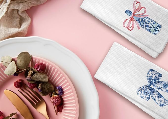 Coquette Pink Blue Bow Chinoiserie Decor Hand Towels for Bathroom,Preppy Blue and White Coastal Cowgirl Kitchen Towels, Women Teen Girls Gifts,16 x 24 inches Set of 4
