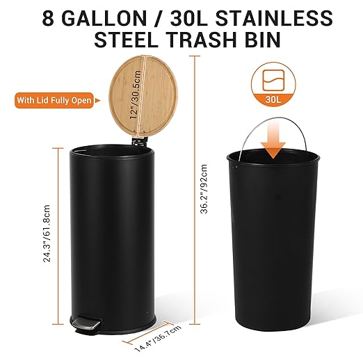 30 Liter/8 Gallon Step Trash Can with Bamboo Lid, Round Slim Stainless Steel Garbage Can with Removal Inner Liner, Soft Close for Kitchen, Office, Living Room, Bathroom, Black