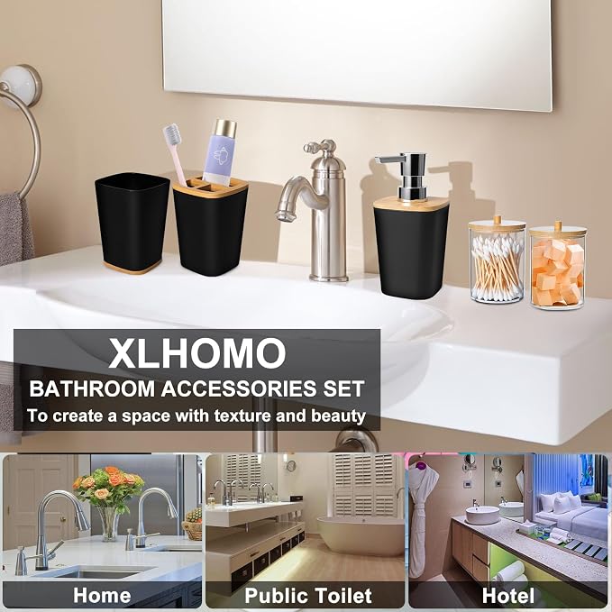 Black Bathroom Accessories Set, 9 Piece Bathroom Set with Trash Can Black Bath Set