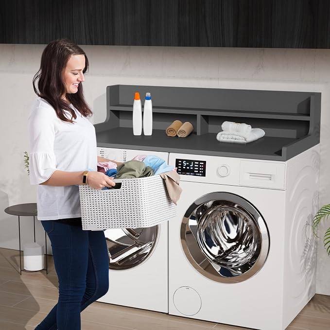 Washer Dryer Countertop, 54" x 27.55" 2-Tier Washer Dryer Topper with Edge, for Laundry Room Organization Gray