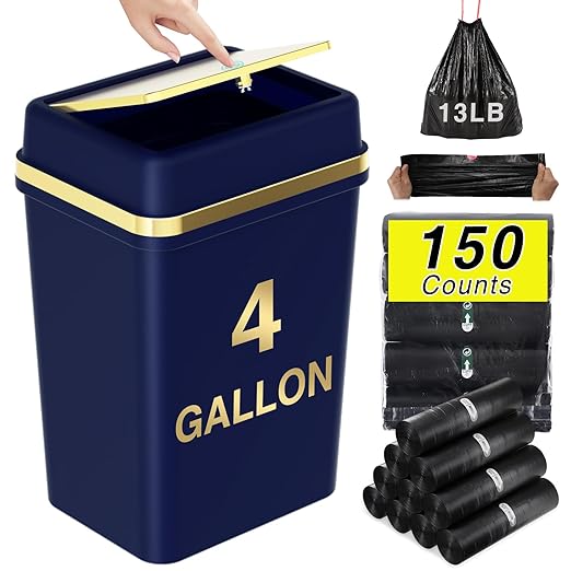 Bathroom Trash Can with Lid 4 Gallon Trash Can Navy Blue Trash Cans with Press Top Lid Bedroom Trash Can Small Garbage Can with 150 Counts Trash Bags for Small Bathroom Bedroom Office
