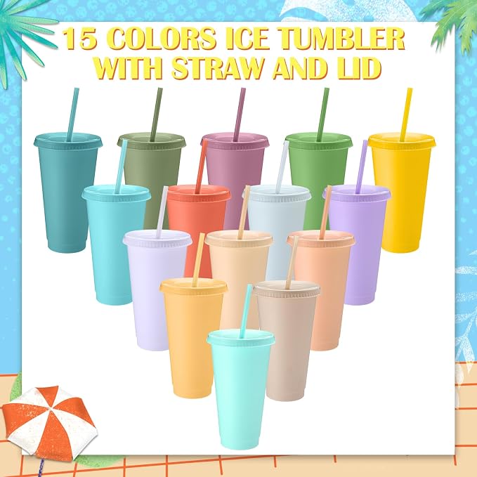 Honeydak 30 Pack Tumbler with Straw and Lid Bulk Cups for Gifts Water Bottle Iced Coffee Travel Mug Cup Reusable Plastic Tumblers for Party Birthdays 24-27 oz (Pastel Color)