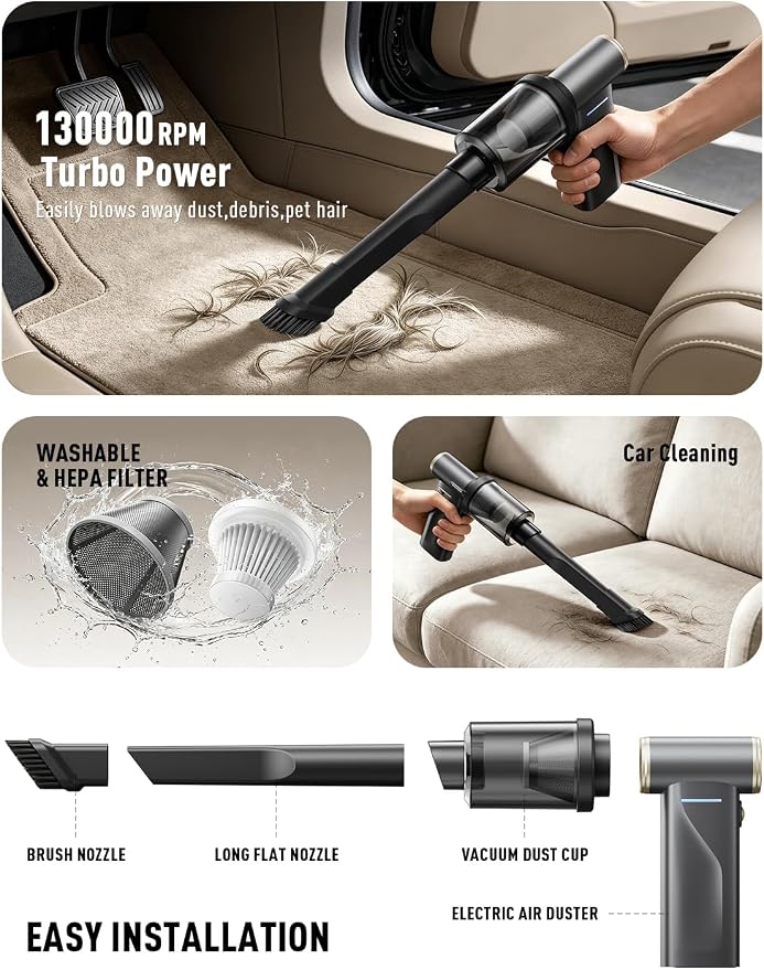 Electric Air Duster and Vacuum 2-in-1, Cordless Rechargeable Air Duster with 130000RPM Brushless Motor, 100-Gear Adjustable, LED Display, Portable Air Duster for PC Keyboard Car Home Outdoor Cleaning