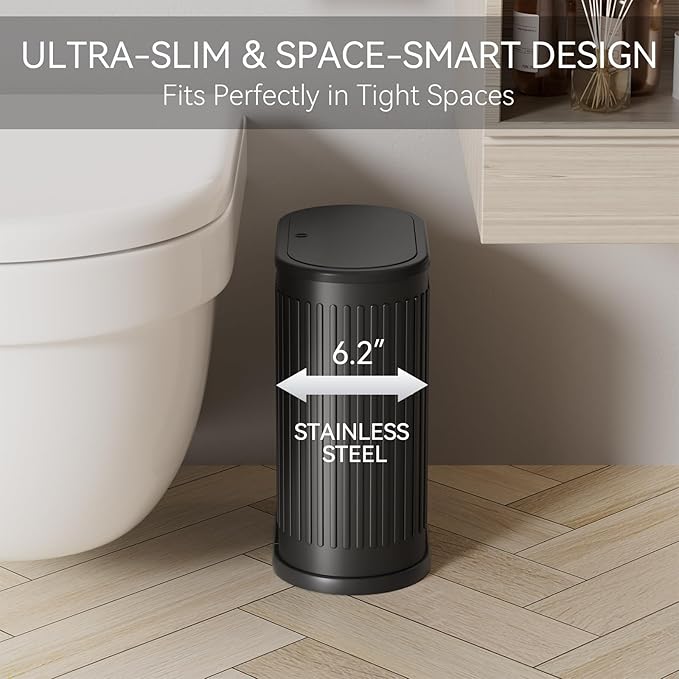 Small Bathroom Trash Can with Toilet Brush, 1.6 Gallon Black Stainless Steel Garbage Can with Lid,Slim Wastebasket with Shower Caddy for Bathroom Bedroom