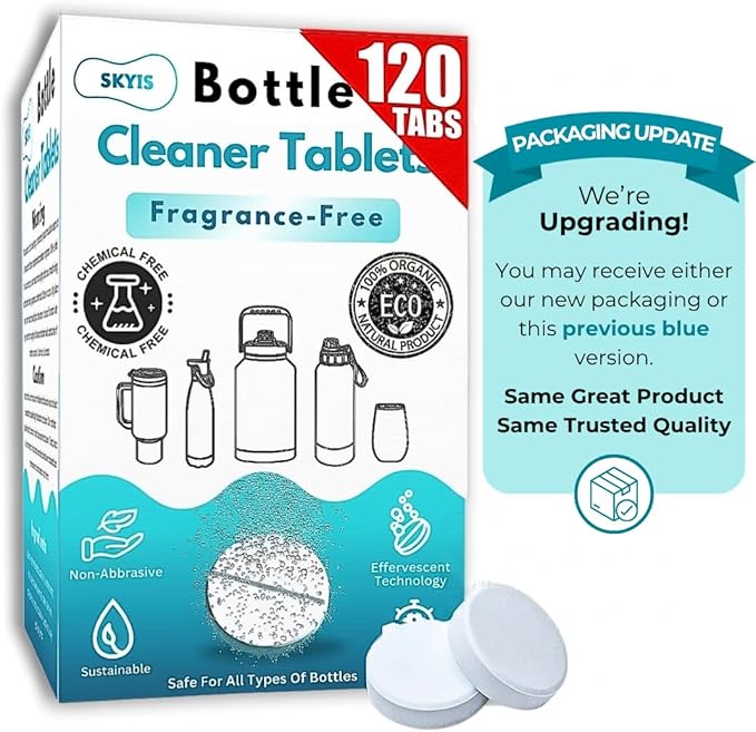 Skyis Water Bottle Cleaning Tablets 120 Pack – Removes Odor and Stains No Scrub Bottle Cleaner Tablets for Stainless Steel, Tumbler,Hydration Bladder, Coffee Mug and Travel Bottles