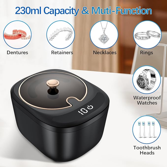 Ultrasonic Retainer Cleaner Machine - Raccomb 45kHz LED Light Ultrasonic Cleaner for Dentures, Aligner, Mouth Guard, Night Guard Cleaner, 230mL Sonic Cleaning Machine for Jewelry, Dental Appliances
