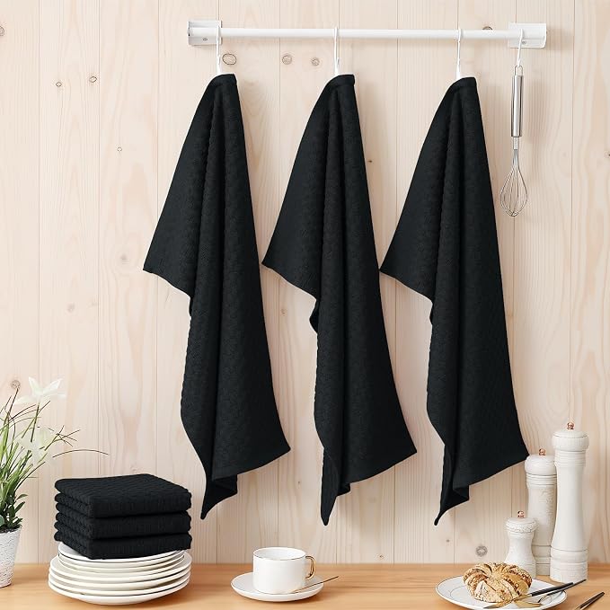Homaxy 100% Cotton Terry Kitchen Towels(15" x 25", 12 Pack), Soft and Super Absorbent Dish Towels, 380 GSM Reusable Tea Towel with Hanging Loop, Pineapple Grid Designed, Black