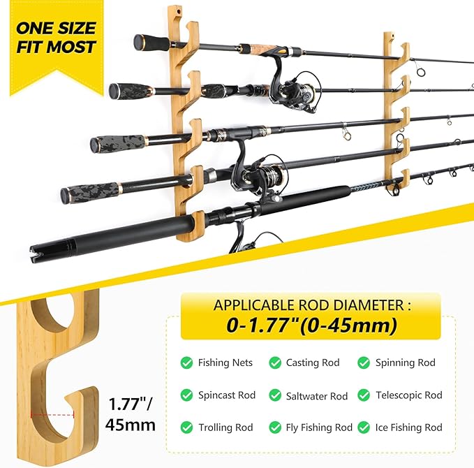 PLUSINNO H5W Horizontal Fishing Rod/Pole Holders for Garage, Wall or Ceiling Mounted Rack, Solid Wood Fishing Rod Holder Holds up to 5/10/20 Rods or Combos Fishing Gear, Gifts for Men