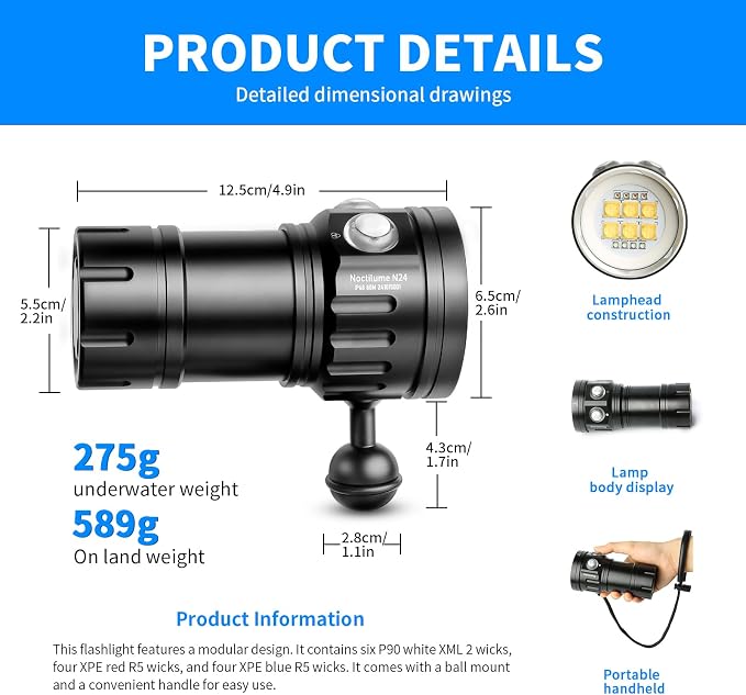 Noctilume N24 7500 Lumens Dive Light - Professional Underwater Video Light with 90 CRI, 6500K White Light, for Scuba Diving/Underwater Photography/Videography (IP68 Waterproof, 80m Depth)