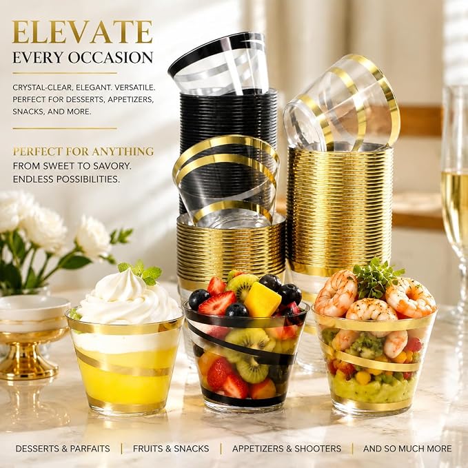 100 Pack 9 OZ Clear Plastic Cups with Gold Rim, Disposable Rimmed Swirl Cocktail Party Cup, Heavy Duty Elegant Wine Glasses, Drinking Tumbler for Weeding Christmas Single Party (Black, Gold)