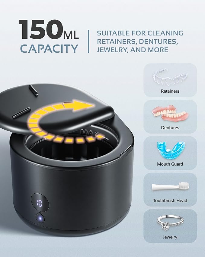 45khz Ultrasonic Retainer Cleaner Machine, Dental Cleaning Pod with 4 Modes & Digital Timer, Mouthguard Cleaner for Dentures, Aligners, Mouth Guards, Night Guards, Jewelry