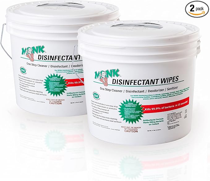 Monk Disinfecting Wipes (2 Buckets of 800 Count) for Commercial Facilities | Heavy Duty Cleaning Wipes - 3in1 Disinfectant, Deodorizer & Sanitizer Cleaning Supplies – All Purpose Cleaner for Home & Gym