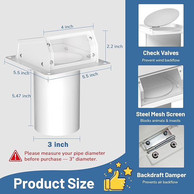 3 Inch Dryer Vent Cover Outside, Galvanized Steel Exterior Hooded Wall Vent Cover with Removable Screen & Cushioned Backdraft Flap, Exhaust Vent for House Through-Wall Dryer Vent Kit (White - 3 Inch)