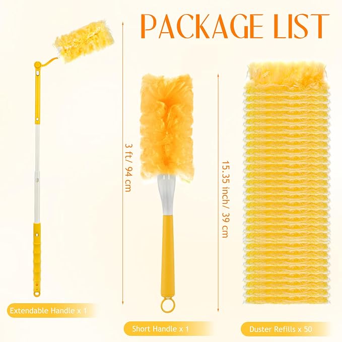 50 PCS Heavy Duty Duster Refills with Retractable Handle and Short Handle, Disposable Surface Duster Kit for Cleaning Dusting Furniture Blind Ceiling Fan(Yellow)