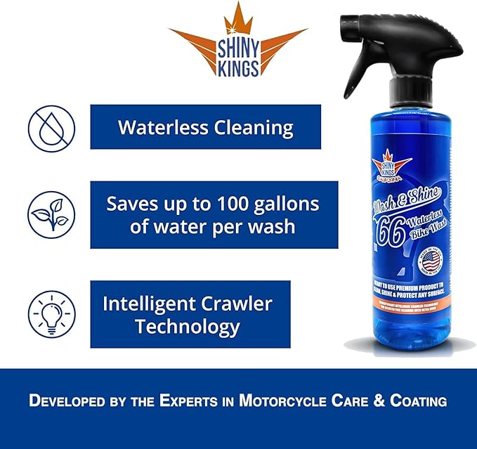 Shinykings Motorcycle Cleaner Wash&Shine 66 | WATERLESS BIke Wash with Ultra Shine Finish | Powerful Motorcycle Detailing Spray for All Surfaces | Bike Cleaner California | 16 fl.oz
