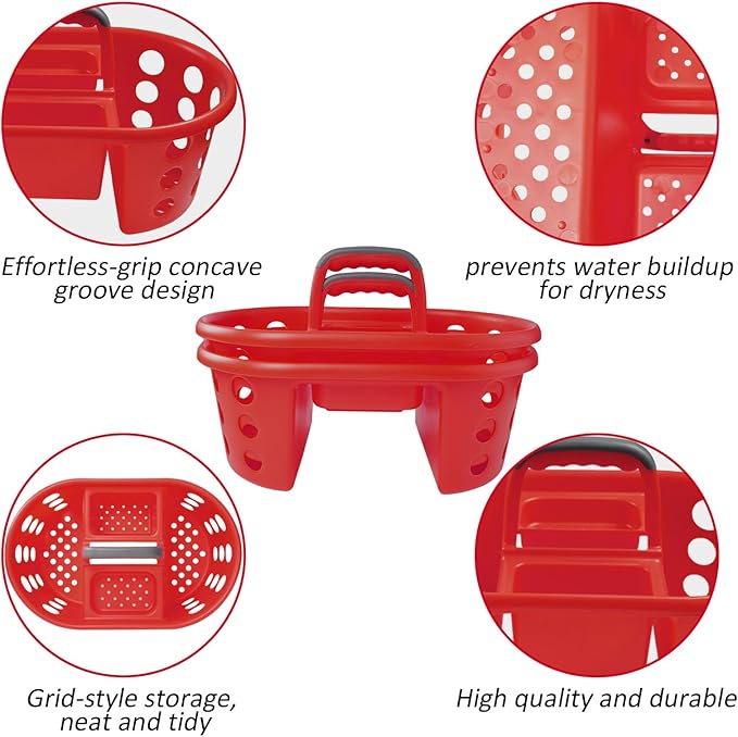 SIMPLYKLEEN Large Shower Caddy Portable 2PC - Made in USA Plastic Jumbo Size Dorm Storage Candy Tote with Handle Shower Organizer for Bathroom, Pantry, Kitchen, College Dorm, Red