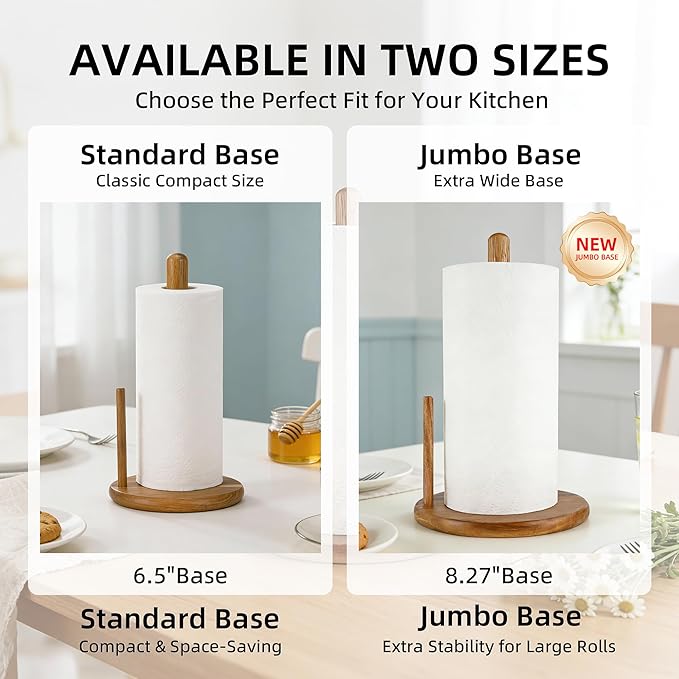 Jumbo Acacia Wood Paper Towel Holder – Large 8.27" Diameter Non-Slip Base, Countertop Wooden Paper Towel Holder for Kitchen, Dining, Coffee Bar, Thick & Stable, Easy Assembly, Natural Wood Finish