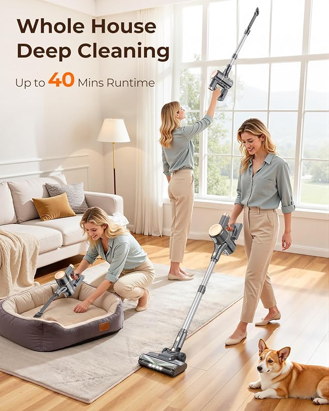 UML0 N8 Cordless Stick Vacuum Cleaner,Lightweight Vacuum Cleaner with Powerful Suction,Self-Standing,Rechargeable Vacuum Cleaners for Home Hardwood Floor Carpet Pet Hair (Gold)