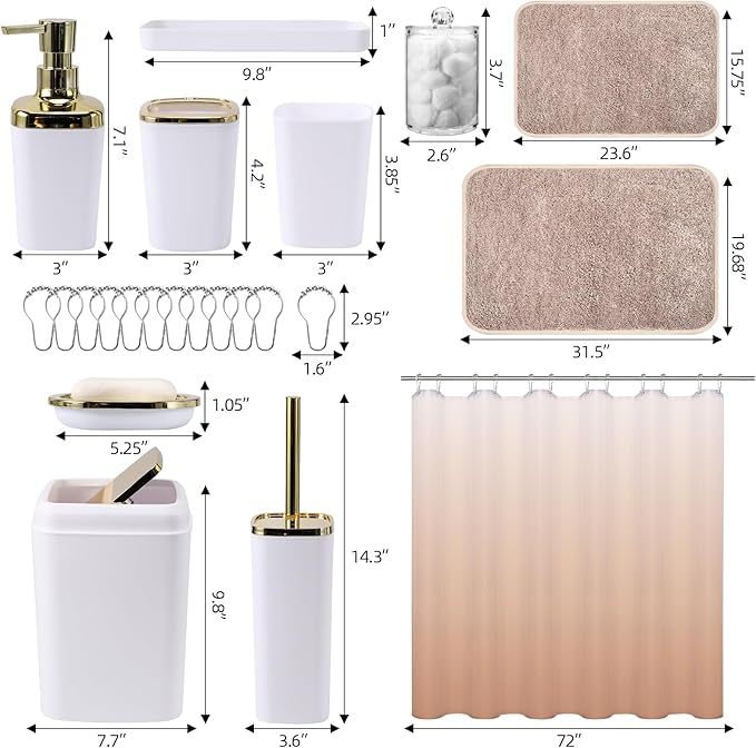 XLHOMO Bathroom Accessory Set–Bathroom Set with Shower Curtain and Rugs, No Slip Bathroom Rugs Super Absorbent,White Ombre Waterproof Shower Curtain with Hooks, White Bathroom Sets Complete for Home