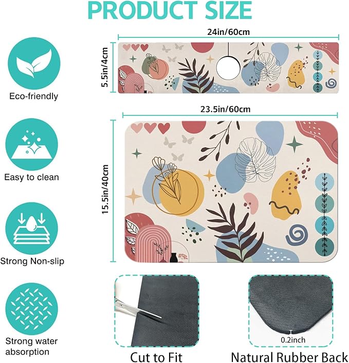 Dish Drying Mat for Kitchen Counter Matt, 2PCS 23"x15" Dish Drainer Mat & 24"x5.5" Sink Splash Guard, Super Absorbent Non-slip Rubber Backed