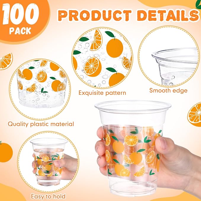 Jingmore 100 Pcs Orange Plastic Cups 12 oz Little Cutie Citrus Disposable Clear Plastic Drinking Cups Bulk for Fruit Theme Little Cutie Baby Bridal Shower Birthday Wedding Party Decorations Supplies