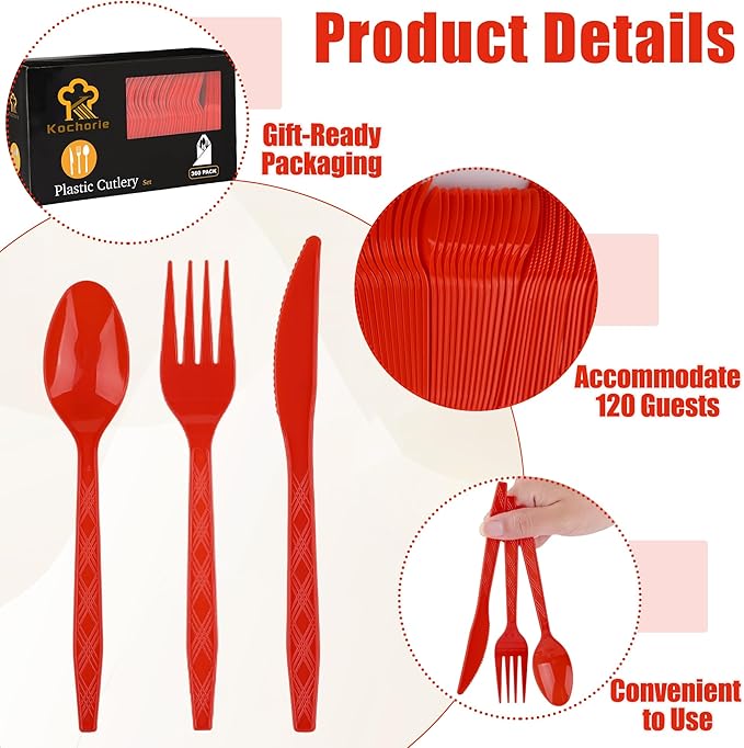 Kochorie 360 Pieces Red Plastic Cutlery Set Disposable Plastic Utensils Heavy Duty Flatware Set Include 120 Knives 120 Forks 120 Spoons for Wedding Birthday Party Supply