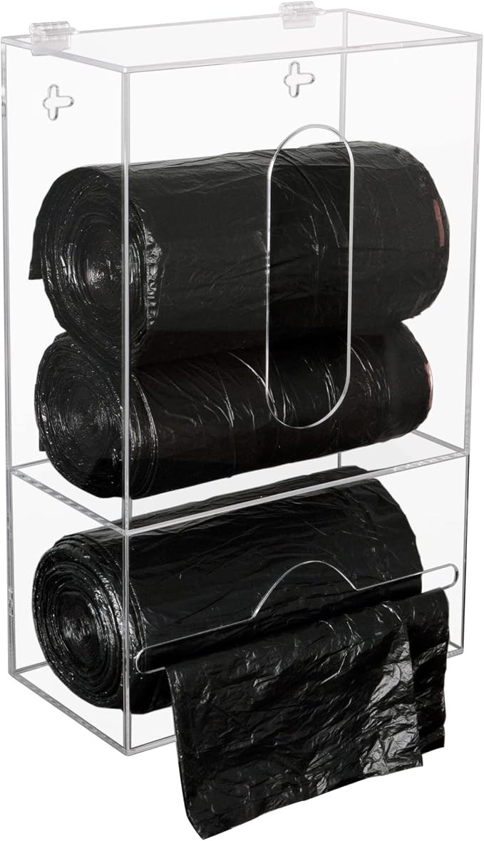 Trash Bag Dispenser Roll Holder for Plastic Bag, 2 in 1 Acrylic Garbage Bag Dispenser Organizer Holder for Cabinet, Wall Mount Kitchen Trash Can Liner Holder for Grocery Bag, Clear