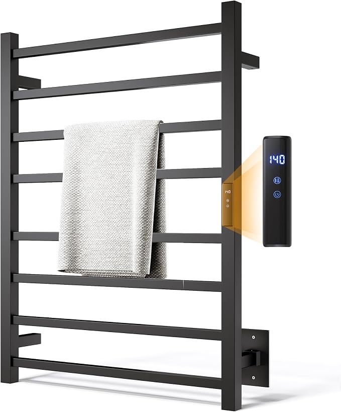 Towel Warmer Rack, Heated Towel Racks for Bathroom, Wall Mounted Towel Warmer, Stainless Steel 8-Bars Drying Rack with Intelligent Touch Screen Timer, Matte Black