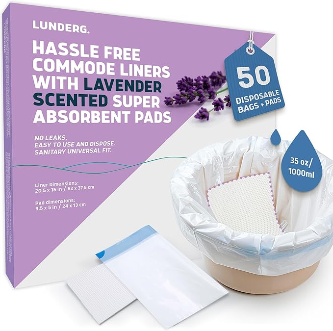 Lunderg Commode Liners with Absorbent Pads - Lavender Scent Medical Grade 50 Count Universal Fit - Disposable Bedside Commode Liners and Pads for Adult Chairs, Portable Buckets & Camping Toilet Bags