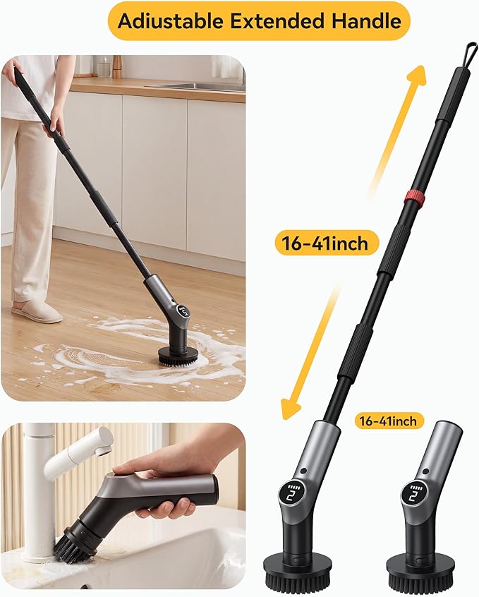Electric Spin Scrubber,Power Shower Scrubber with 6 Replaceable Brush Heads,120 Mins Runtime Cleaning Brush with Adjustable Extension Arm with 6 Additional Spong scouring Fiber pad