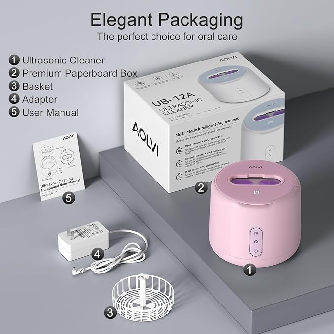 Ultrasonic Retainer Cleaner Machine, IPX6 Waterproof Denture Cleaner, 3 Modes Dental Cleaning Pod with RGB Indicator, 45kHz UV for Mouth Guards, 200ML Tank, Pink