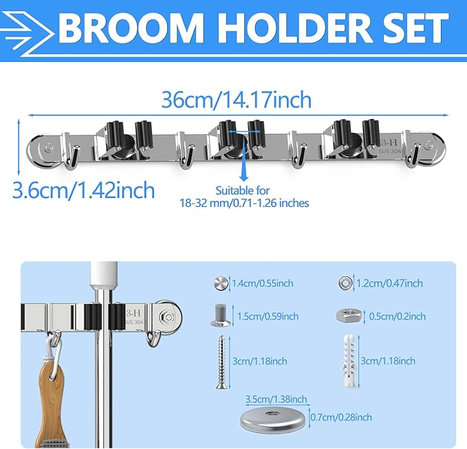 3-H Magnetic Broom Holder Wall Mount 2 Pack, 2-in-1 Dual Mount (No Drill or Screw Fix), 304 Stainless Steel Heavy Duty Magnet Mop Broom Organizer for Kitchen Garden Garage(3 Racks & 4 Hooks, Silver)