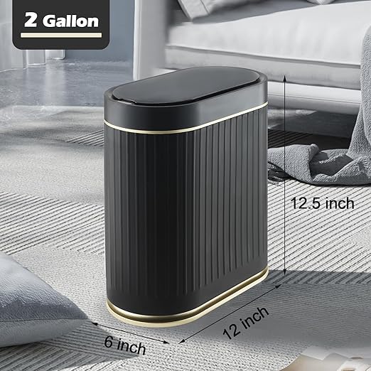 SYNCVIBE Bathroom Sensor Trash Can with Lid Automatic 2 Gallon Small Sensor Garbage Bin, 7.5 Liter Motion Sensor Smart Rubbish Bin Bathroom Decor, Slim Waterproof Plastic Garbage Can, Black Gold