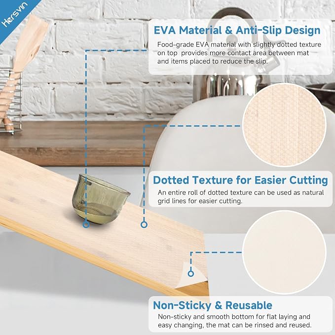 Hersvin Shelf Liners 12 in x 20 ft EVA Drawer Mats, Non-Adhesive Cupboard Protector, Kitchen Cabinet Lining Fridge Liner (Clear Flat Dot, 30.5x610cm)