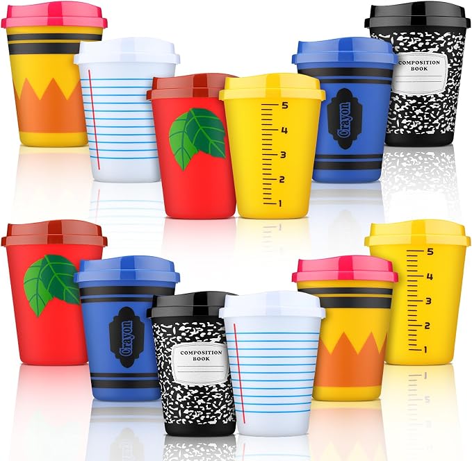Skylety 12 Pcs Back to School Cups Bulk 12oz Classic and Pastel Style Reusable Plastic Coffee Cups with Lids First Day of School Gifts for Teachers Students Party Favors Supplies (Classic)